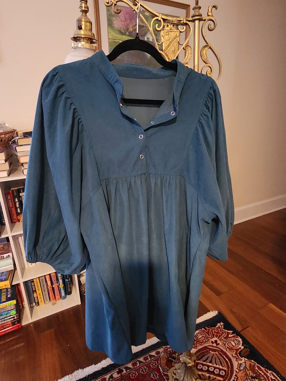 Blue Women's Puff-Sleeve Tunic Corduroy Dress